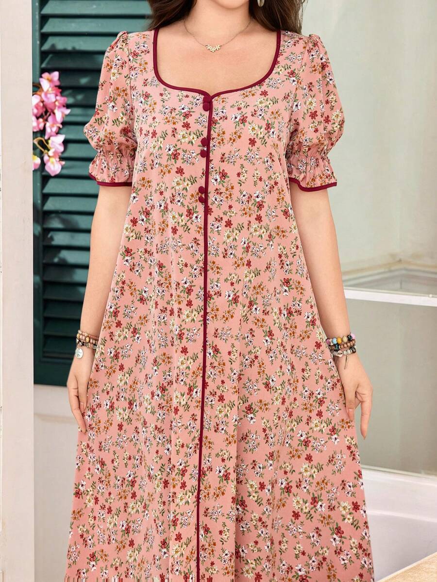 SHEIN Lacomfia فستان عربي بطبعة زهور ريفية بأكمام منتفخة