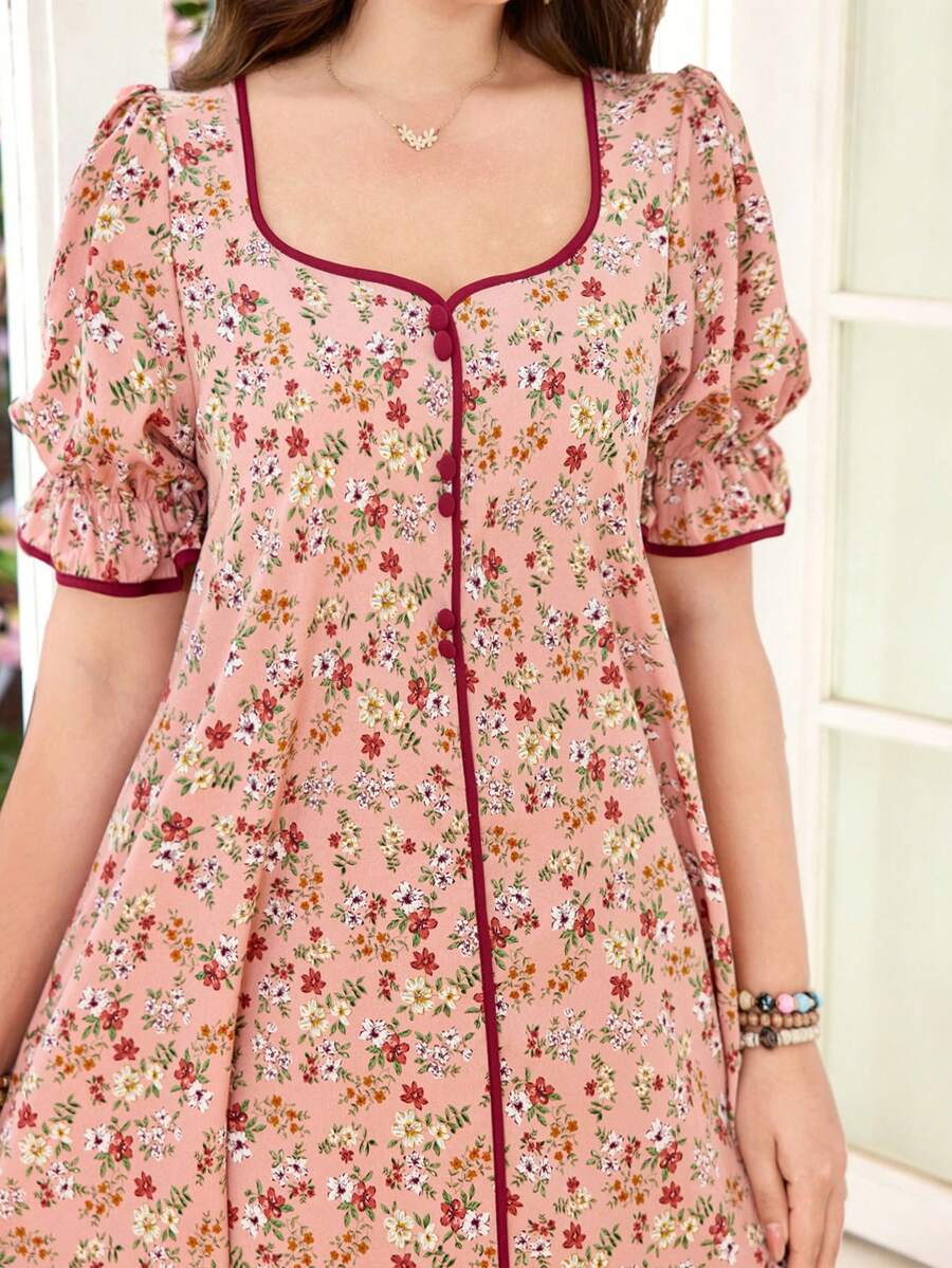 SHEIN Lacomfia فستان عربي بطبعة زهور ريفية بأكمام منتفخة