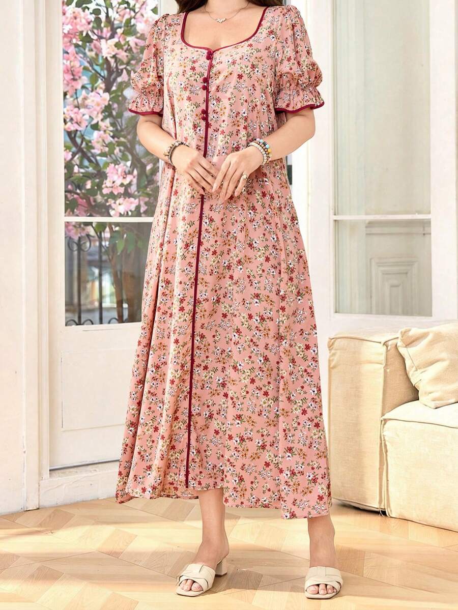 SHEIN Lacomfia فستان عربي بطبعة زهور ريفية بأكمام منتفخة