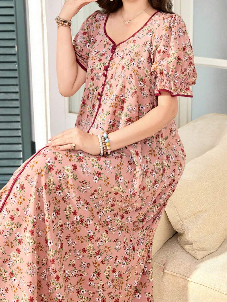 SHEIN Lacomfia فستان عربي بطبعة زهور ريفية بأكمام منتفخة