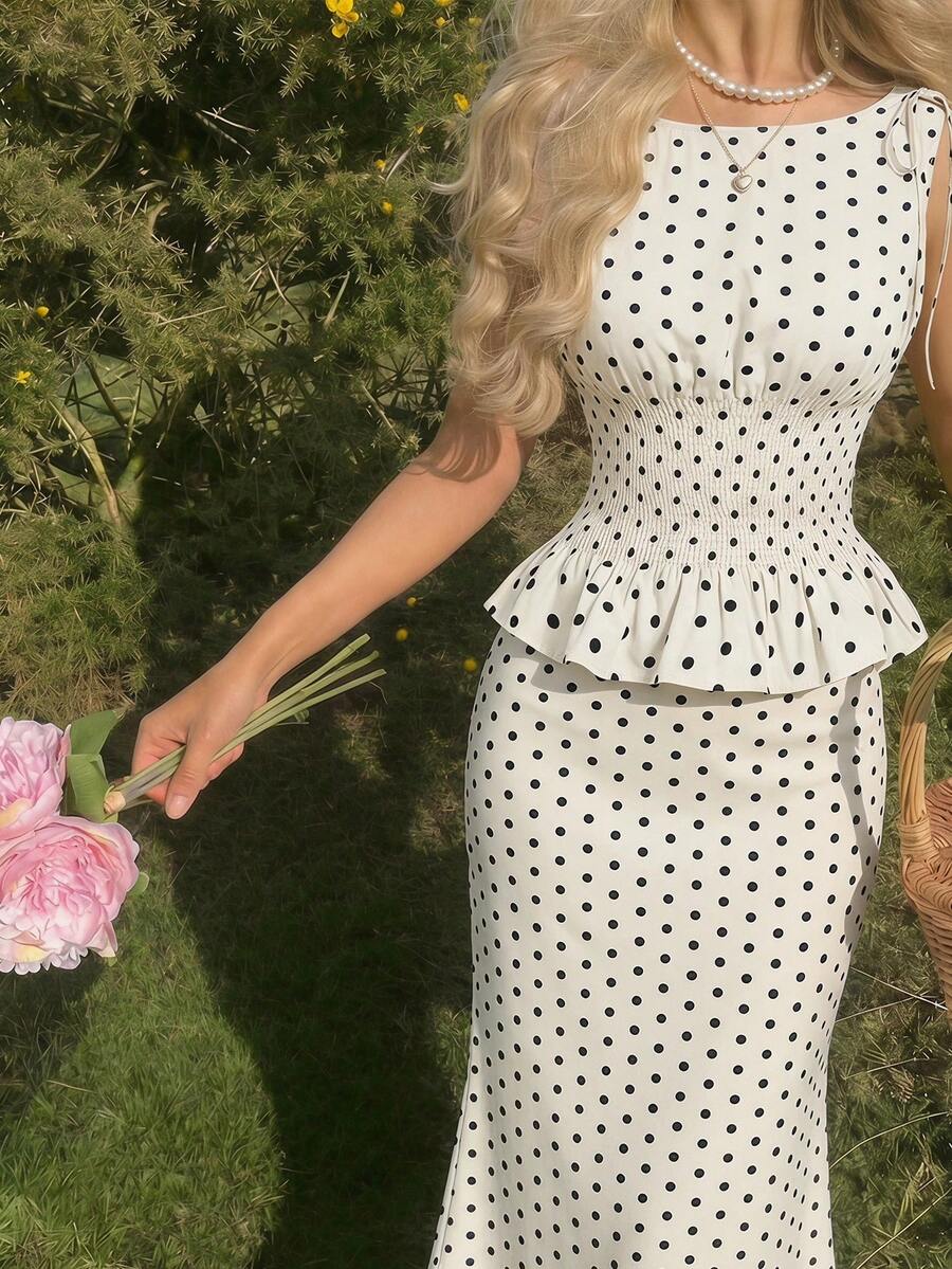 SHEIN MOD طقم نسائي بنقاط البولكا قطعتين (توب بفيونكات كتف + تنورة ميدي ميرميد)