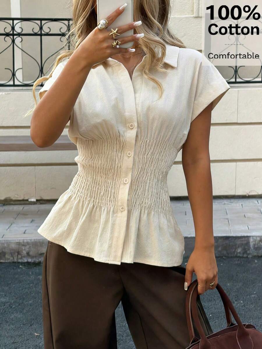 SHEIN Siren Gaze قميص قطن 100% بخصر مكشكش بأكمام قصيرة