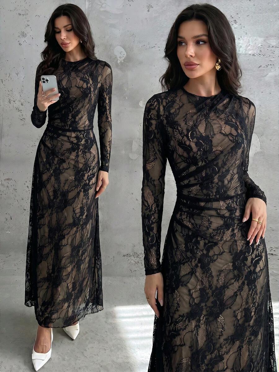 SHEIN Firerie فستان ماكسي أسود بياقة دائرية وأكمام طويلة