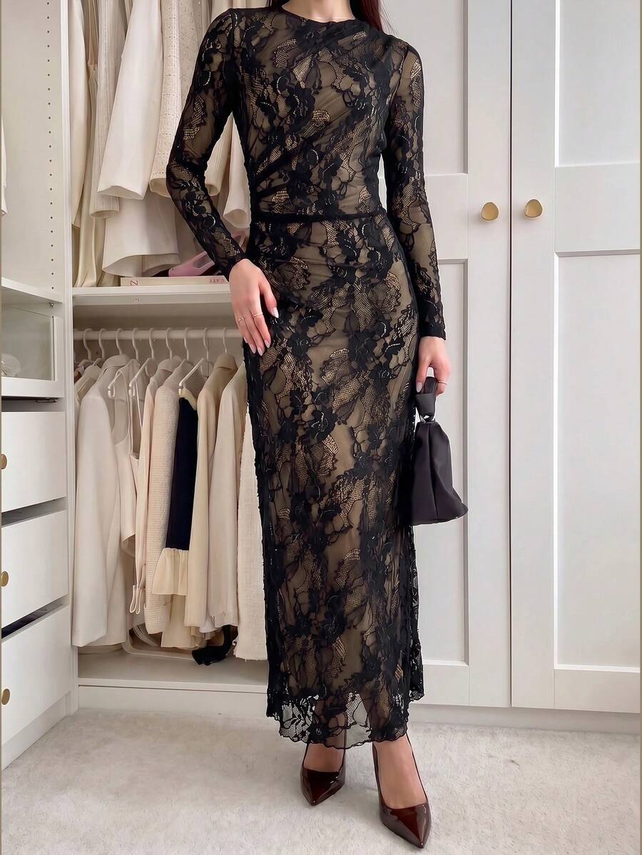 SHEIN Firerie فستان ماكسي أسود بياقة دائرية وأكمام طويلة
