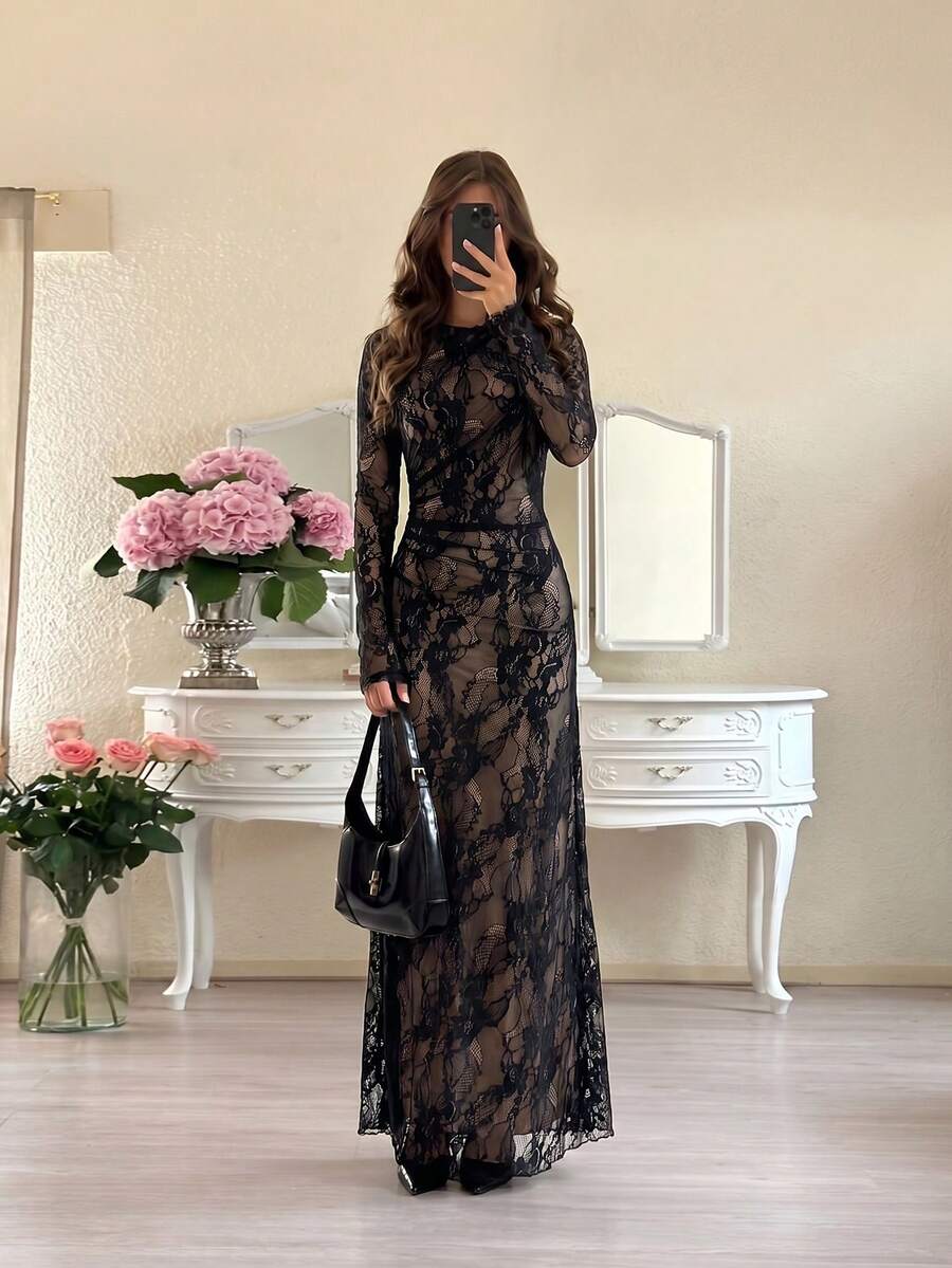 SHEIN Firerie فستان ماكسي أسود بياقة دائرية وأكمام طويلة