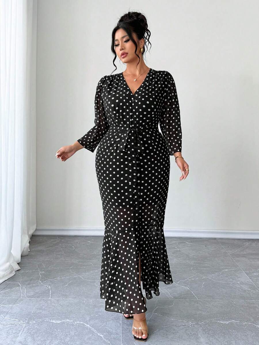 SHEIN Elenzga فستان أسود طويل بأكمام 3/4 بطبعة منقطة