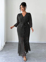 SHEIN Elenzga فستان أسود طويل بأكمام 3/4 بطبعة منقطة