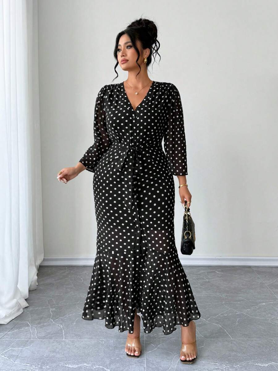 SHEIN Elenzga فستان أسود طويل بأكمام 3/4 بطبعة منقطة