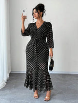 SHEIN Elenzga فستان أسود طويل بأكمام 3/4 بطبعة منقطة
