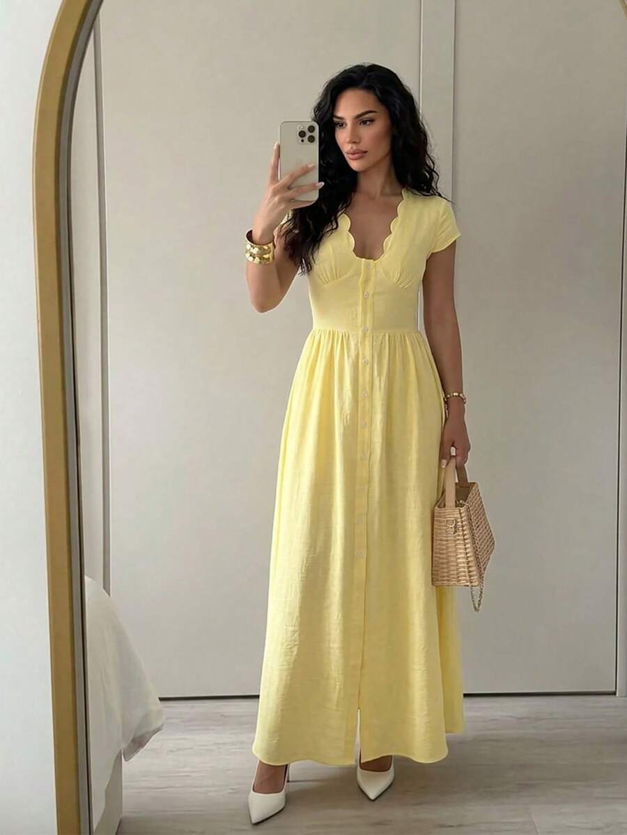 SHEIN Firerie فستان طويل بأزرار بلون أصفر