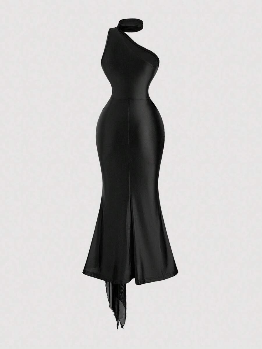 SHEIN MOD فستان أسود طويل سادة بكتف واحد وقصة حورية البحر
