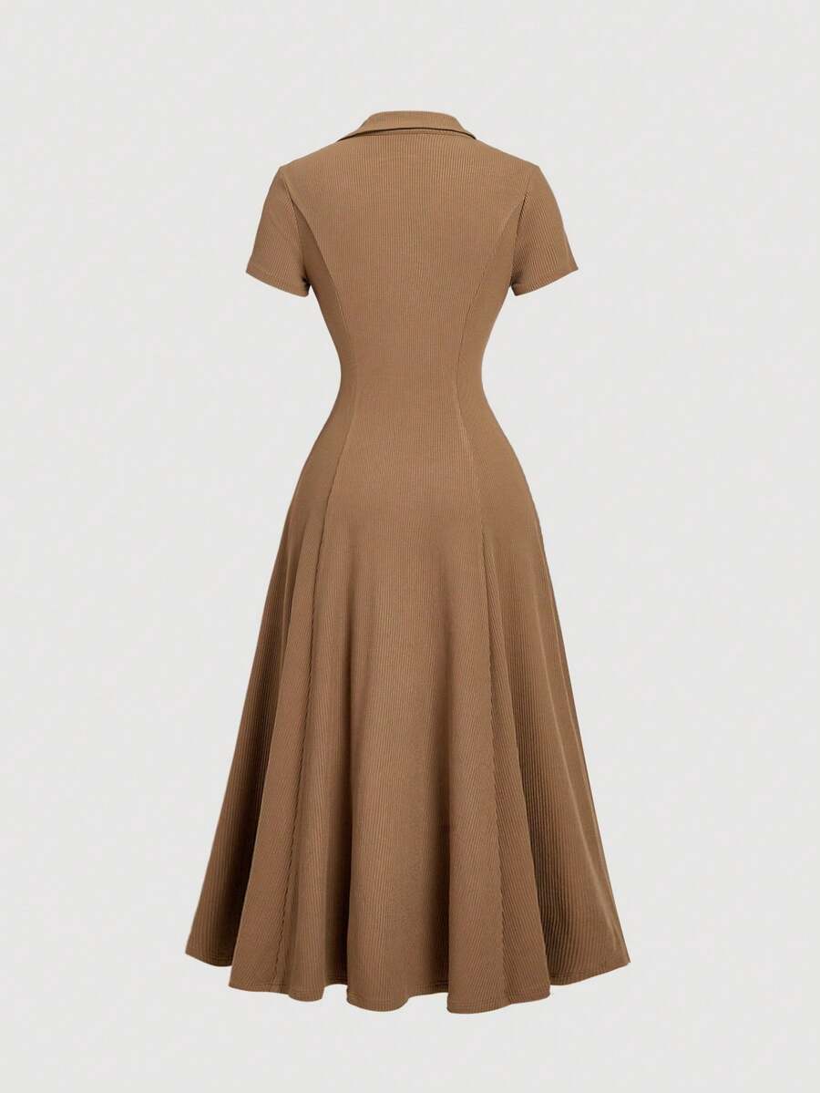 SHEIN MOD فستان محبوك بلون كاكي بياقة مكشكشة ستايل بريبي