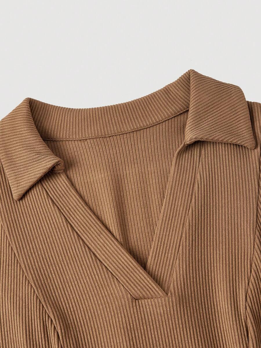 SHEIN MOD فستان محبوك بلون كاكي بياقة مكشكشة ستايل بريبي