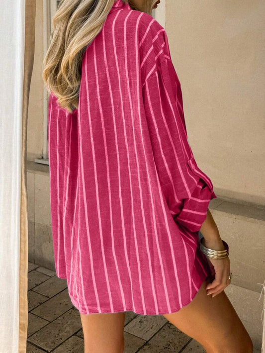 SHEIN Vaclyn قميص نسائي بطبعة خطوط بلون روز أحمر