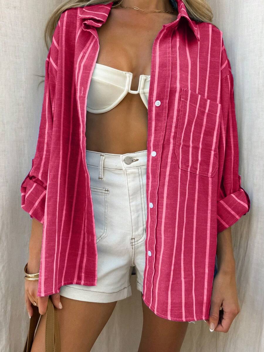 SHEIN Vaclyn قميص نسائي بطبعة خطوط بلون روز أحمر