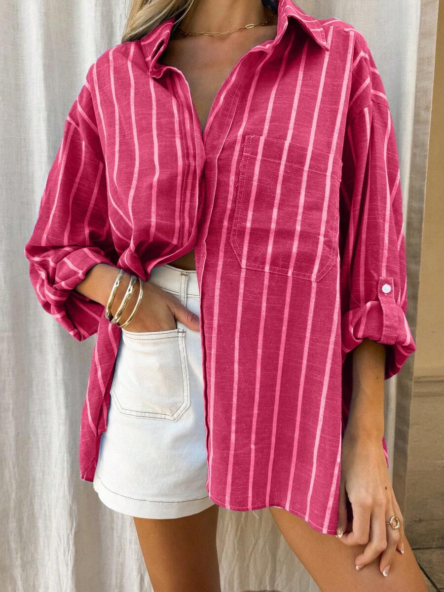 SHEIN Vaclyn قميص نسائي بطبعة خطوط بلون روز أحمر