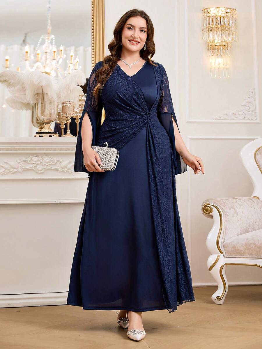 SHEIN Reflora فستان أزرق للمقاسات الكبيرة بأكمام طويلة وتفاصيل دانتيل مشقوقة