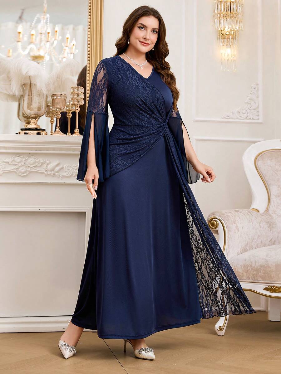 SHEIN Reflora فستان أزرق للمقاسات الكبيرة بأكمام طويلة وتفاصيل دانتيل مشقوقة