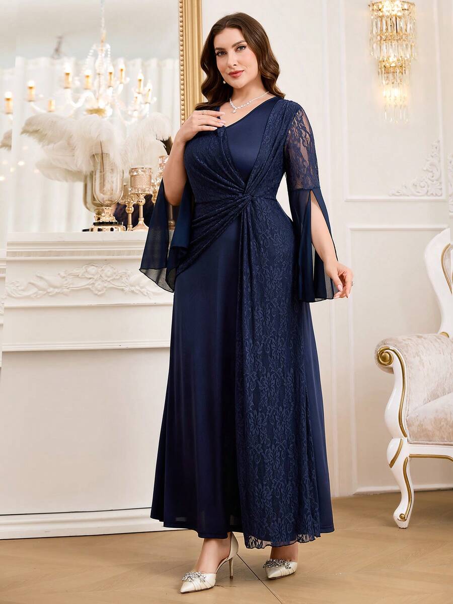 SHEIN Reflora فستان أزرق للمقاسات الكبيرة بأكمام طويلة وتفاصيل دانتيل مشقوقة