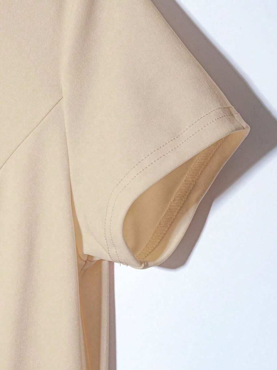 SHEIN Franclia فستان محبوك بياقة دائرية وأكمام قصيرة بلون مشمشي