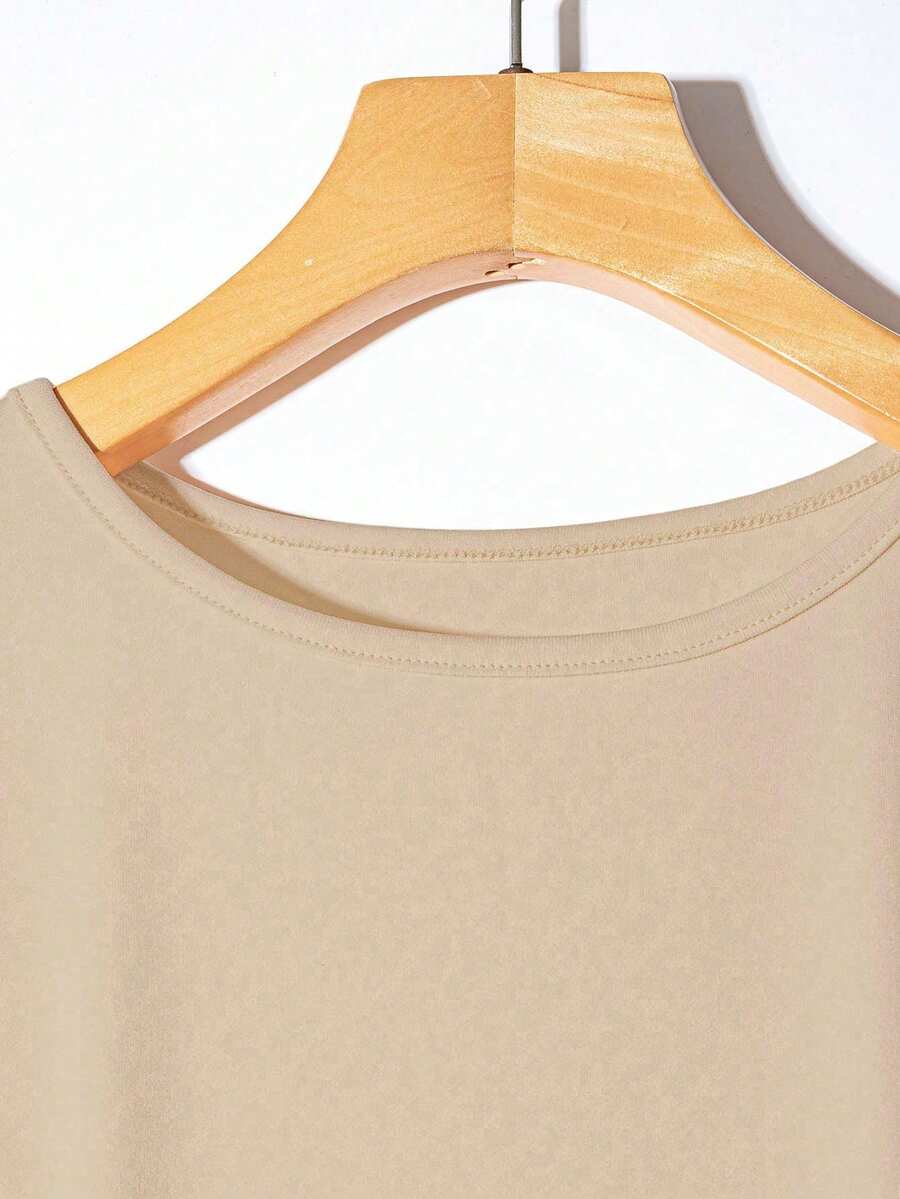 SHEIN Franclia فستان محبوك بياقة دائرية وأكمام قصيرة بلون مشمشي