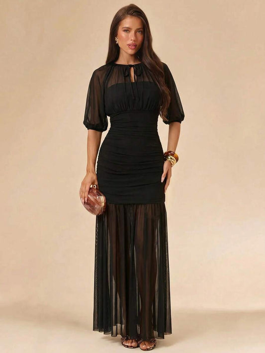 SHEIN BAE فستان أسود مطوي بربطة خصر