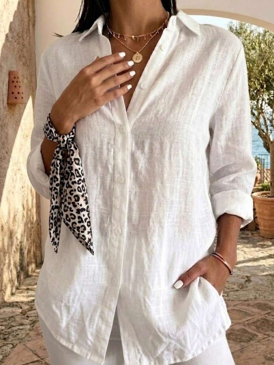 SHEIN قميص أبيض من الكتان بأزرار وأكمام طويلة بقصة فضفاضة