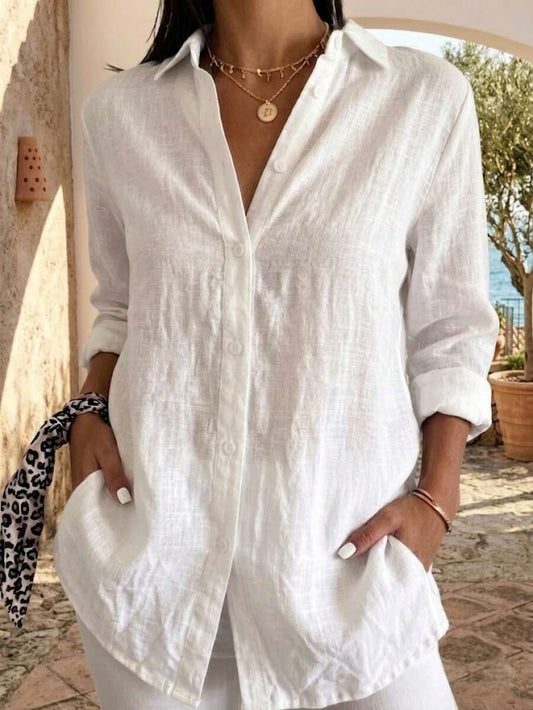 SHEIN قميص أبيض من الكتان بأزرار وأكمام طويلة بقصة فضفاضة
