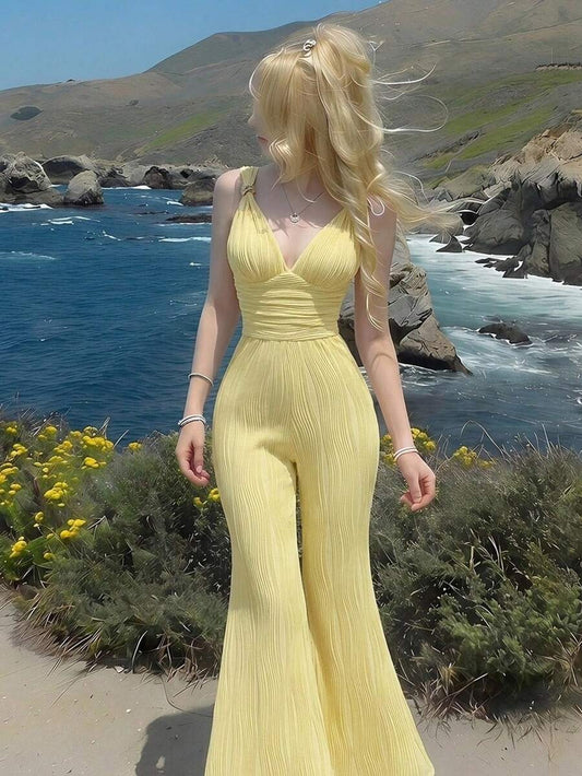 SHEIN MOD جمبسوت أصفر بدون أكمام بخصر محدد بنسيج محبب
