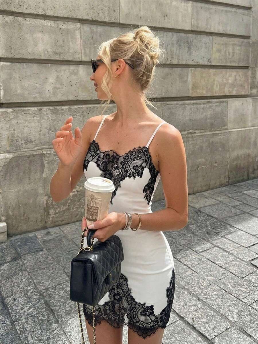 SHEIN Firerie فستان قصير ضيق بحمالات رفيعة وتطريز