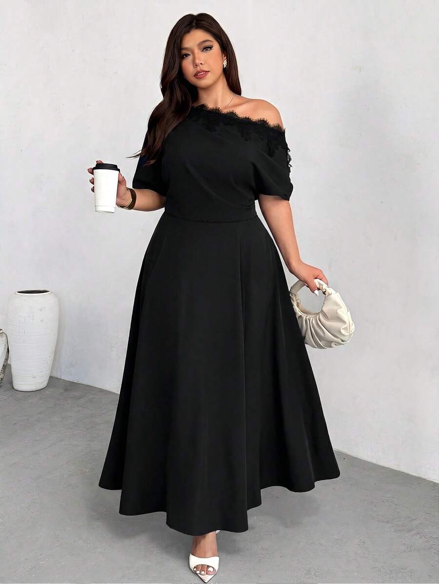 SHEIN Firerie فستان أسود للمقاسات الكبيرة مكشوف الكتف مزين بالدانتيل