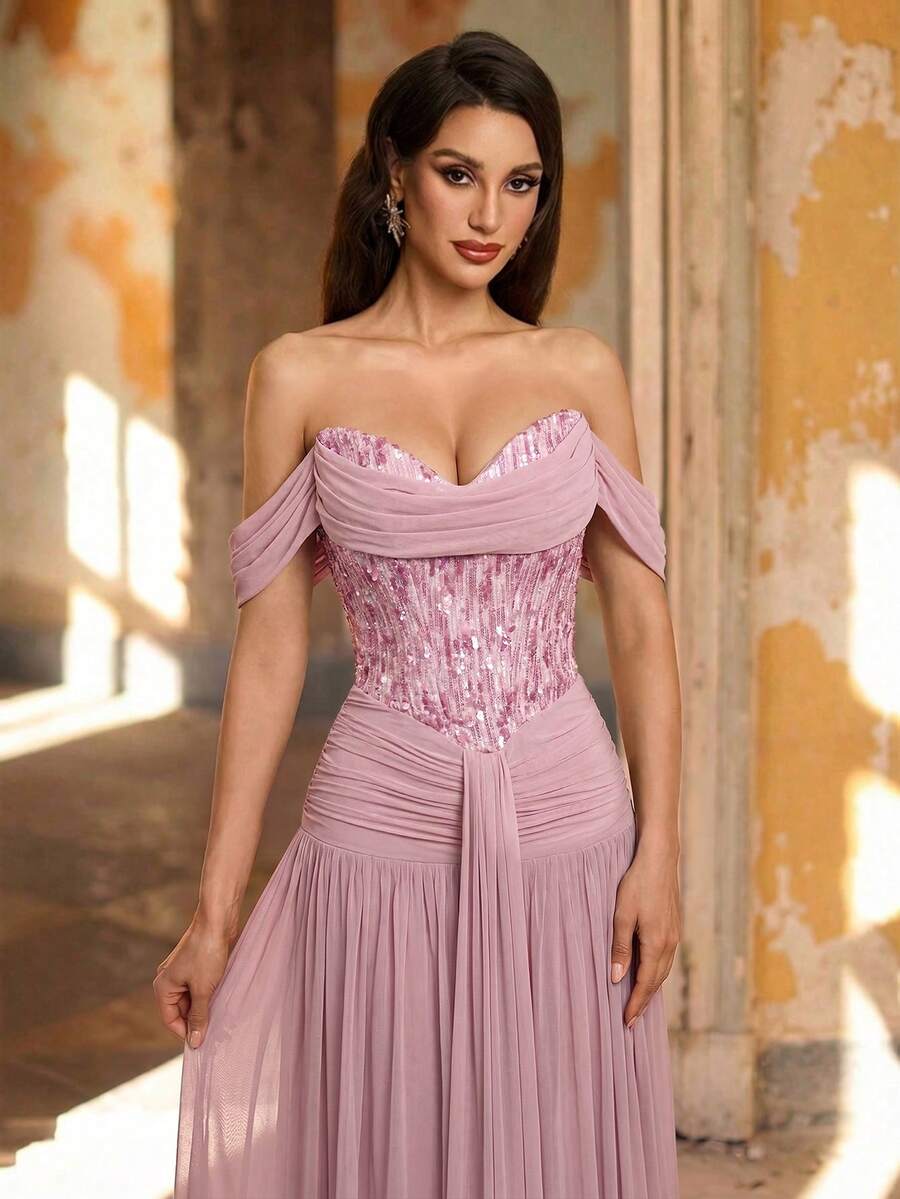 SHEIN Aureia فستان سهرة وردي من قماش شبكي مرن مزين بترتر