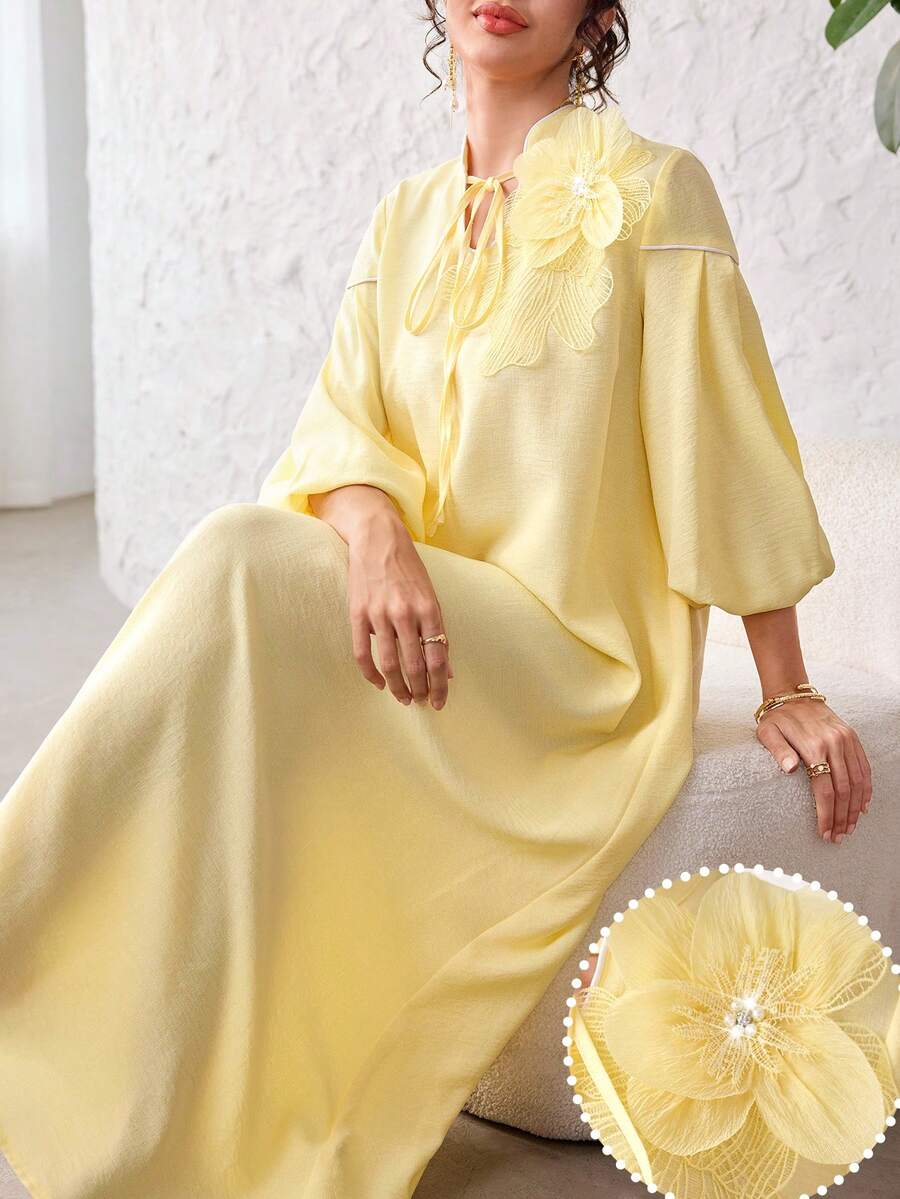 SHEIN Yasmyna فستان عربي أصفر فضفاض بربطة عنق مطرز بزهرة