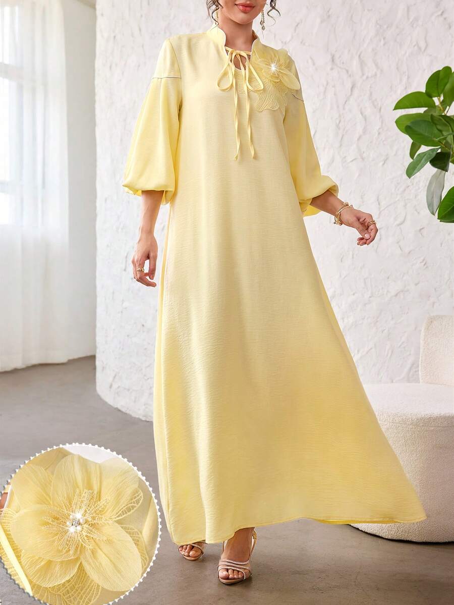 SHEIN Yasmyna فستان عربي أصفر فضفاض بربطة عنق مطرز بزهرة