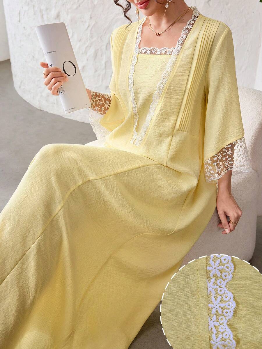 SHEIN Yasmyna فستان عربي من الدانتيل المرقع بكشكشة وأكمام طويلة فضفاضة