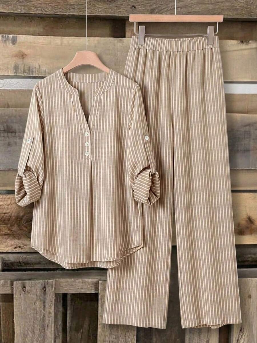 SHEIN Rusticease بدلة كاجوال مخططة لإطلالة صيفية مريحة وأنيقة