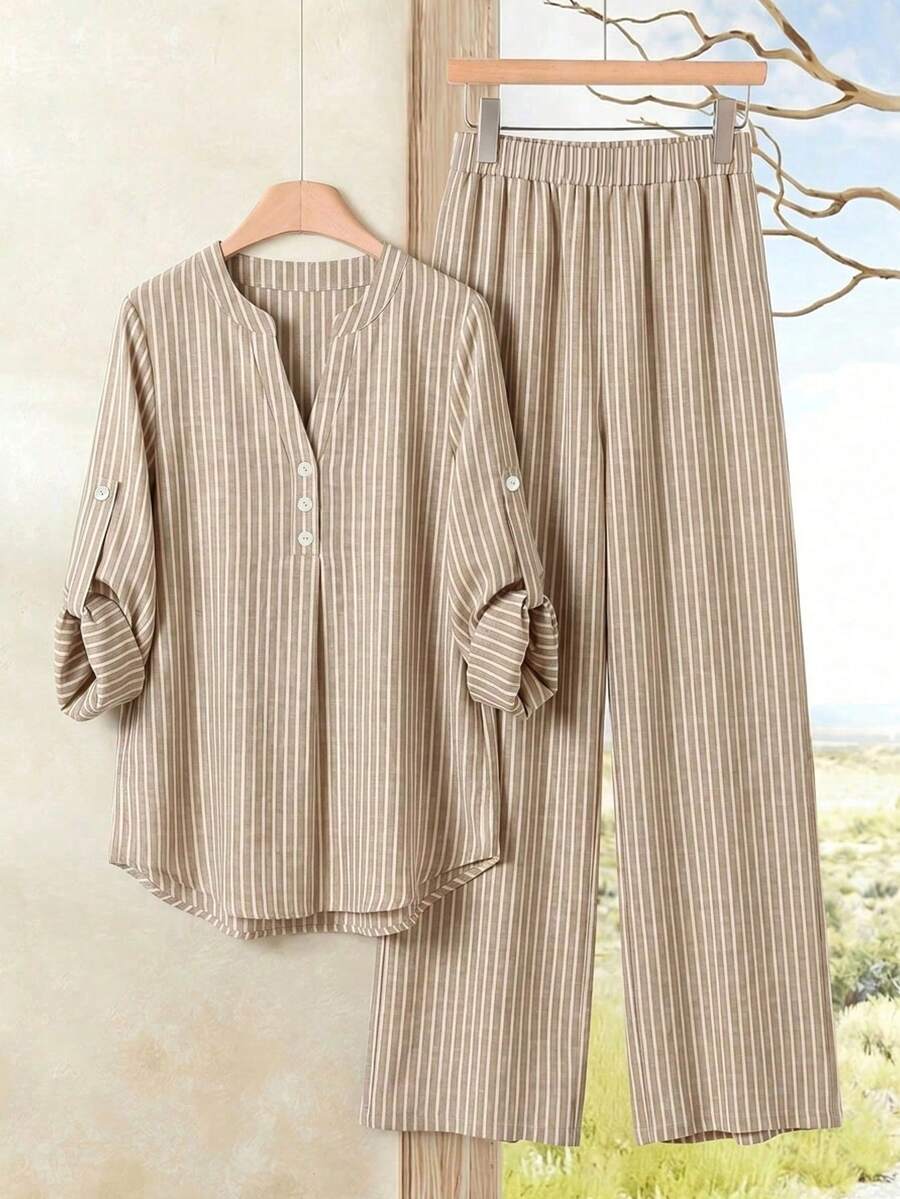 SHEIN Rusticease بدلة كاجوال مخططة لإطلالة صيفية مريحة وأنيقة