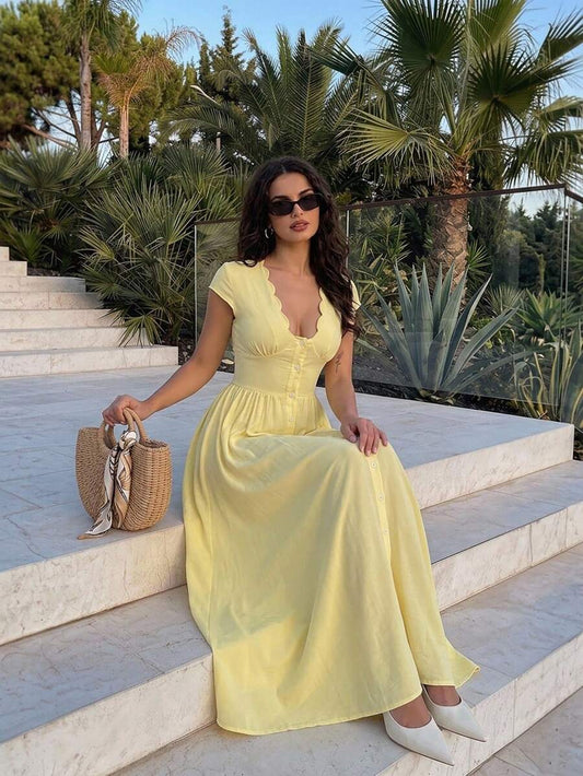 SHEIN Firerie فستان طويل بأزرار بلون أصفر
