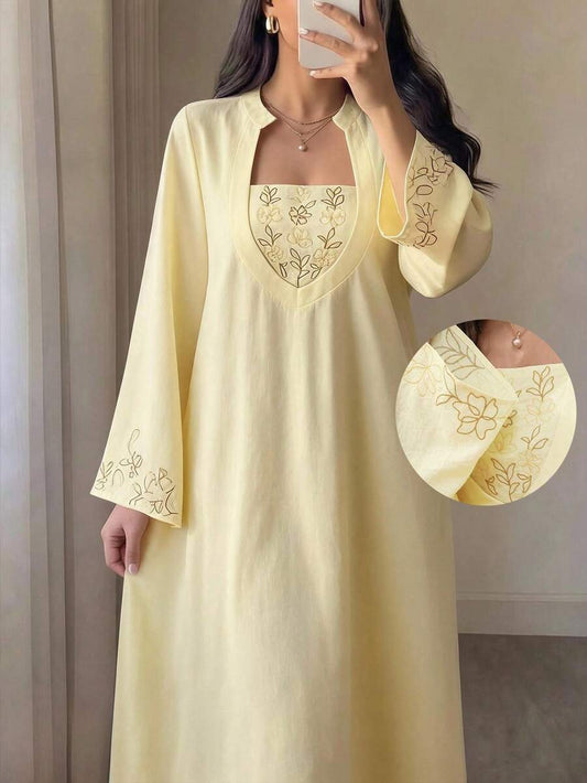 SHEIN Al Najma فستان سهرة عربي أصفر مطرز بزهور