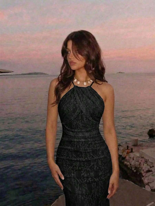 SHEIN MOD فستان أسود بطبعة زهور برقبة هالتر وتصميم مطوي