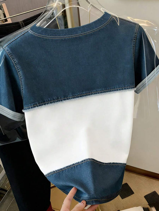 SHEIN تي شيرت جينز بأكمام قصيرة مريح وكاجوال
