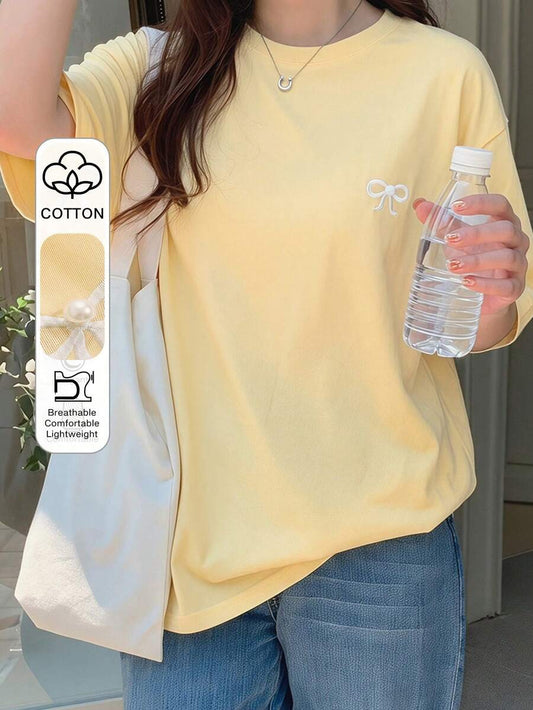 SHEIN DAZY تي شيرت أصفر بأكمام قصيرة وتطريز فيونكة