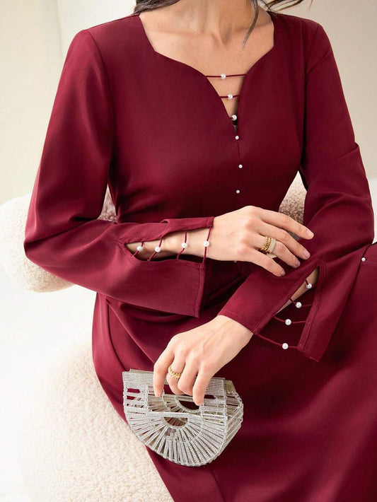 SHEIN Al Najma فستان عربي بلون أحمر بأكمام طويلة وديكور محبوك