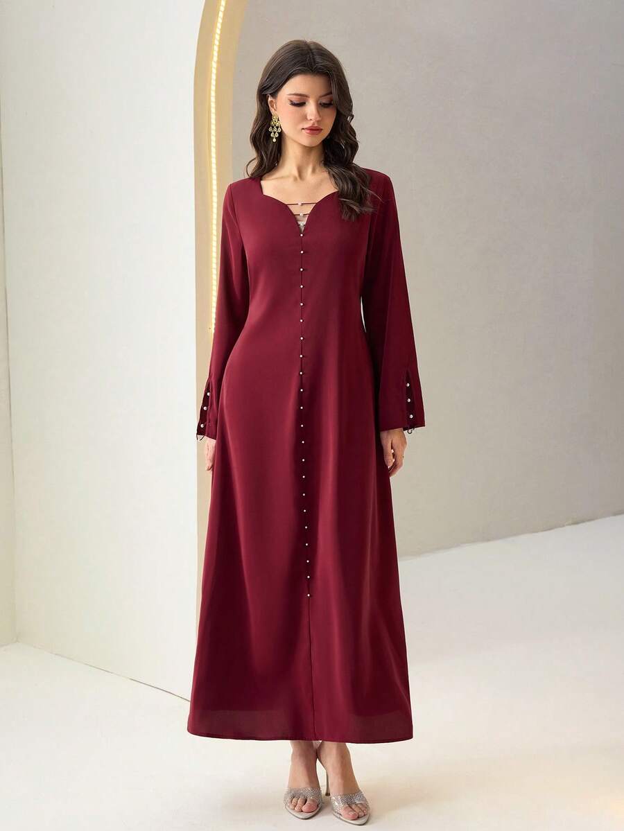 SHEIN Al Najma فستان عربي بلون أحمر بأكمام طويلة وديكور محبوك