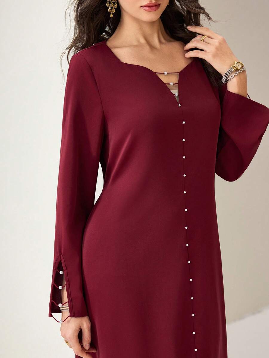 SHEIN Al Najma فستان عربي بلون أحمر بأكمام طويلة وديكور محبوك