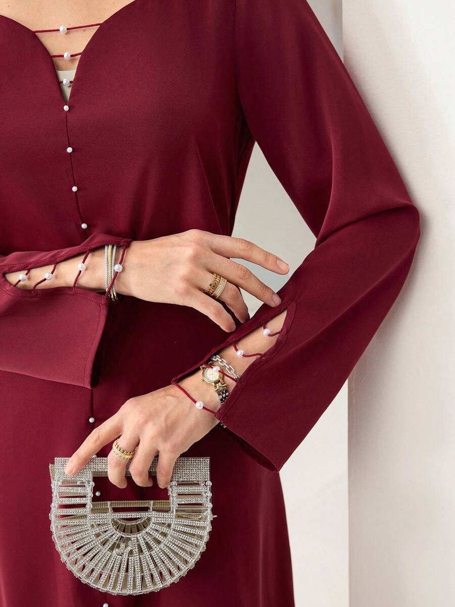 SHEIN Al Najma فستان عربي بلون أحمر بأكمام طويلة وديكور محبوك