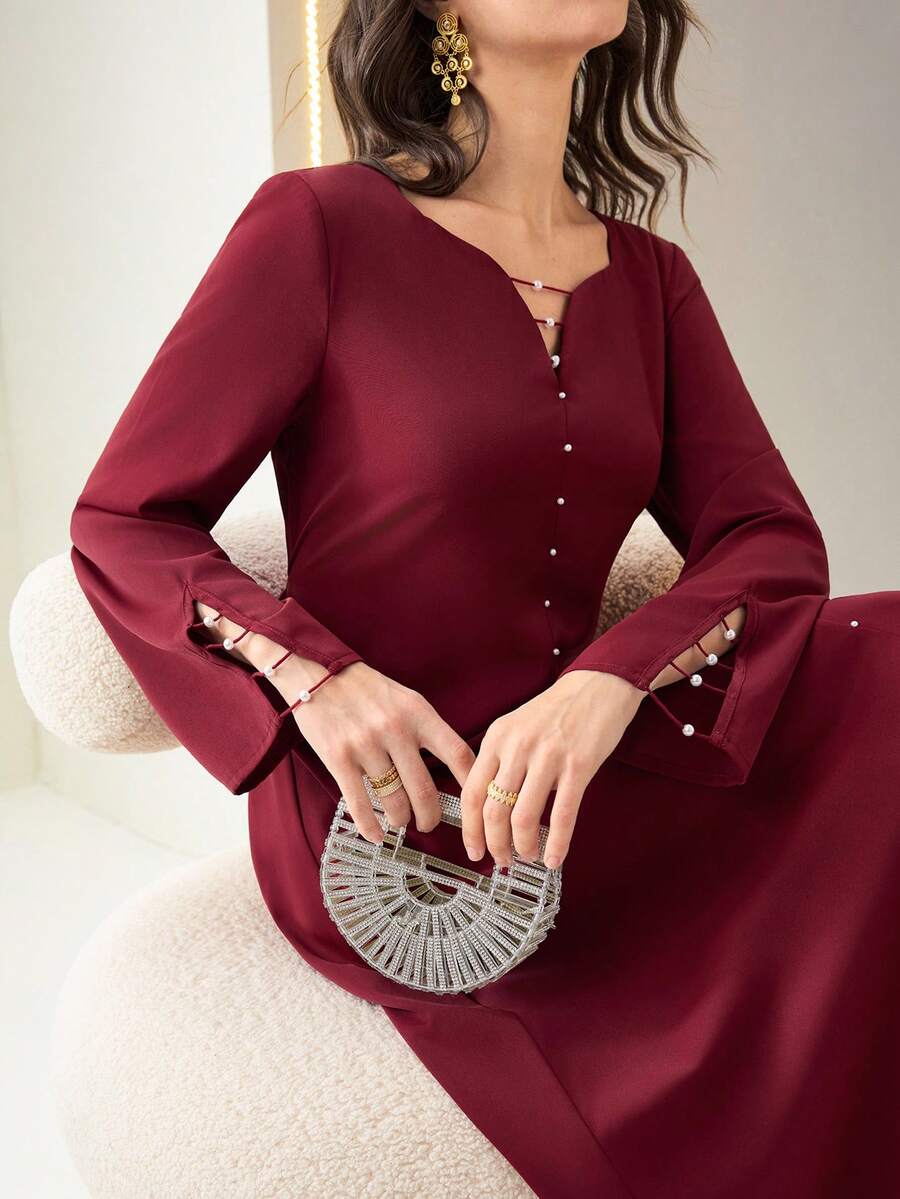 SHEIN Al Najma فستان عربي بلون أحمر بأكمام طويلة وديكور محبوك