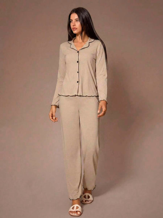 SHEIN Lazeform طقم بيجامة قطعتين بلون كاكي