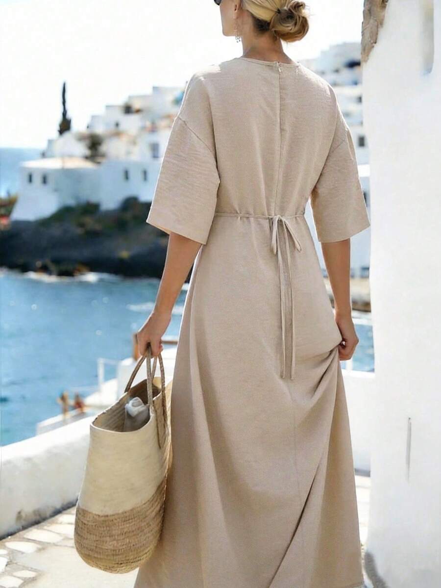 SHEIN Breezaya فستان ماكسي سادة بتصميم مجدول أنيق