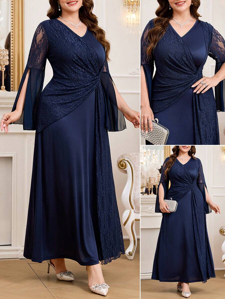 SHEIN Reflora فستان أزرق للمقاسات الكبيرة بأكمام طويلة وتفاصيل دانتيل مشقوقة